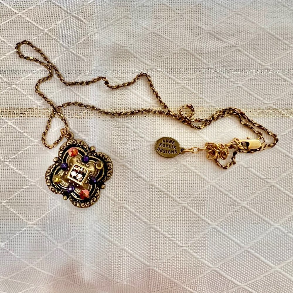 Ann Koplik Gaelsong Quatrefoil Crystal Pendant Necklace, VTG Irish Jewelry